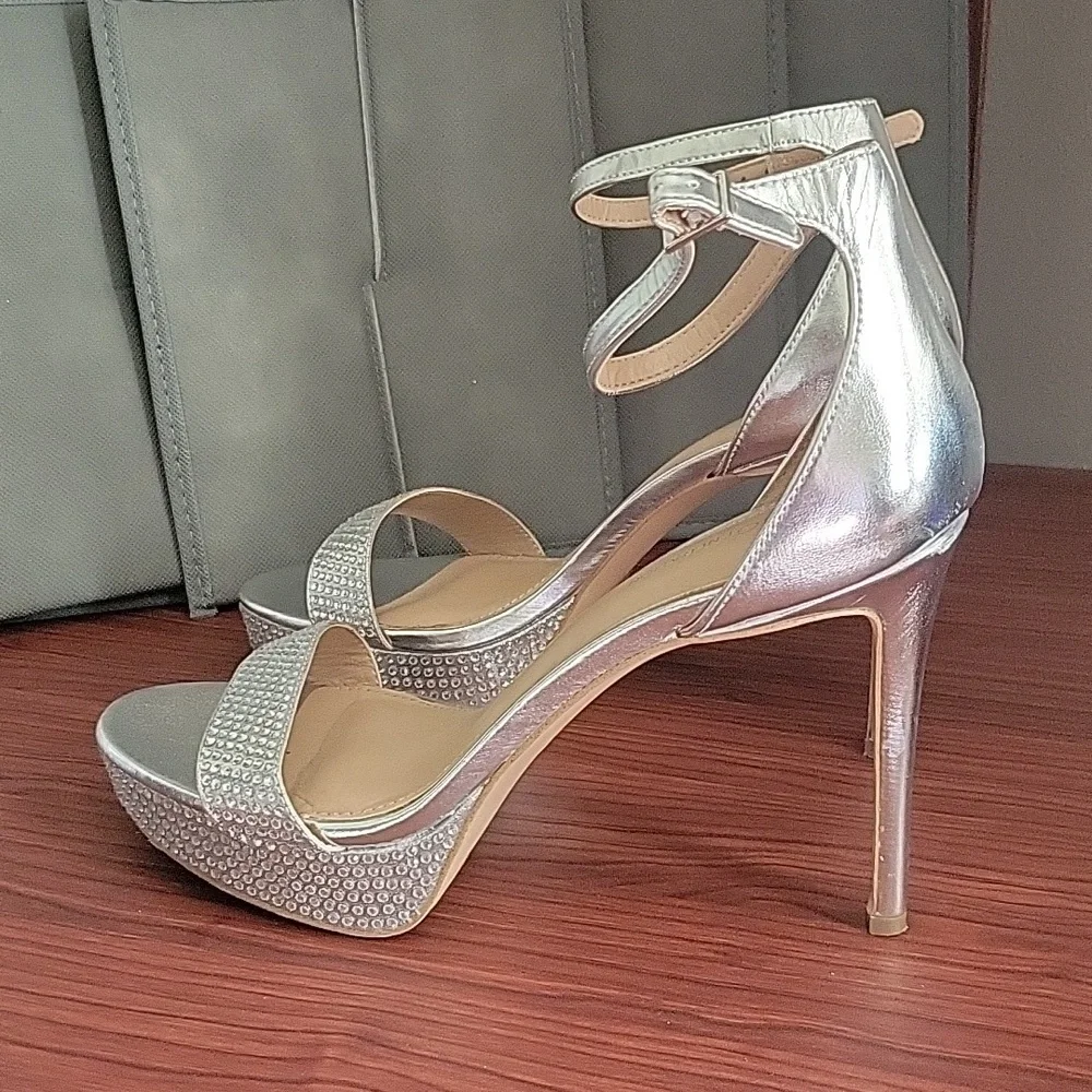 BCBGeneration Silver Bejeweled Ankle Straps Stiletto Heels